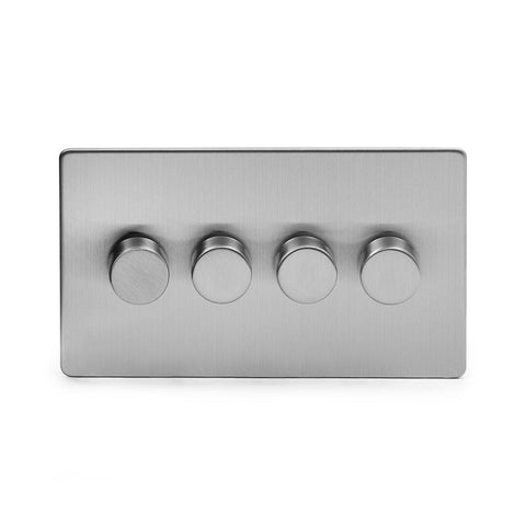 Screwless Brushed Chrome - Black Trim - Slim Plate Screwless Brushed Chrome 4 Gang 2 Way Intelligent Trailing Dimmer Light Switch