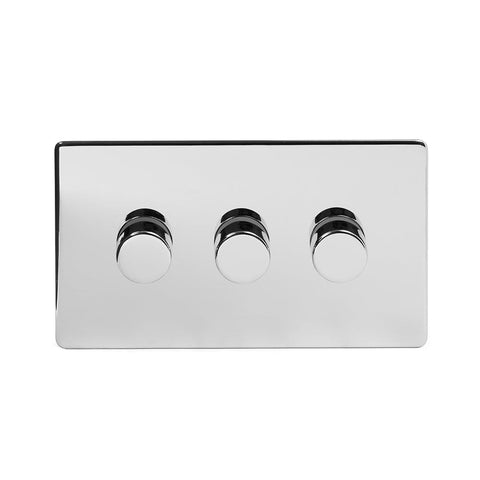 Screwless Polished Chrome - White Trim - Slim Plate Screwless Polished Chrome 3 Gang 2 Way Intelligent Trailing Dimmer Light Switch