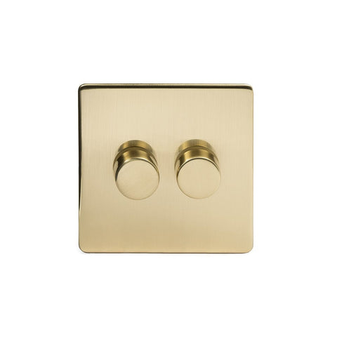 Screwless Brushed Brass - White Trim - Slim Plate Screwless Brushed Brass 2 Gang 2 Way Intelligent Trailing Dimmer Light Switch