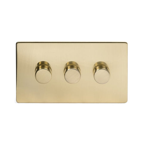 Screwless Brushed Brass - White Trim - Slim Plate Screwless Brushed Brass 3 Gang 2 Way Intelligent Trailing Dimmer Light Switch