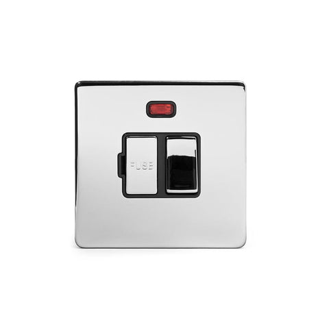 Screwless Polished Chrome - Black Trim - Slim Plate Screwless Polished chrome 13A Double Pole Switched Fuse Connection Unit With Neon Light Switch