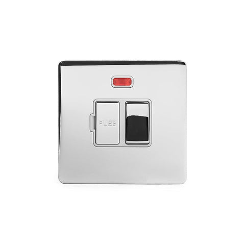 Screwless Polished Chrome - White Trim - Slim Plate Screwless Polished chrome 13A Double Pole Switched Fuse Connection Unit with Neon