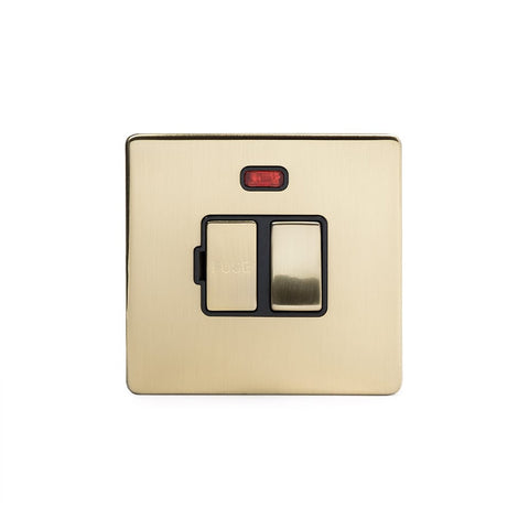 Screwless Brushed Brass - Black Trim - Slim Plate Screwless Brushed Brass 13A Double Pole Switched Fuse Connection Unit With Neon