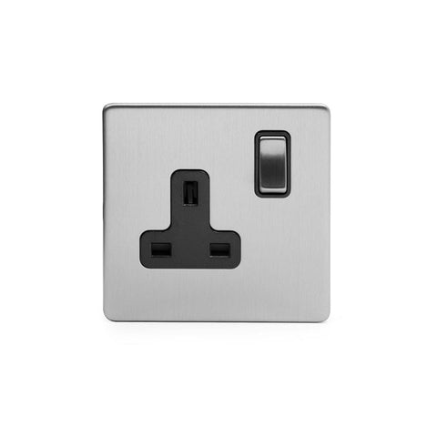 Screwless Brushed Chrome - Black Trim - Slim Plate Screwless Brushed Chrome 13A 1 Gang Double Pole Plug Socket