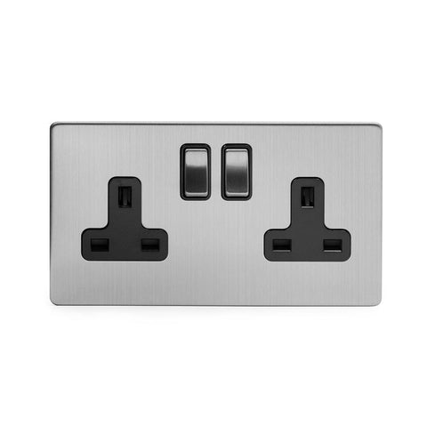 Screwless Brushed Chrome - Black Trim - Slim Plate Screwless Brushed Chrome 13A 2 Gang Double Pole Plug Socket