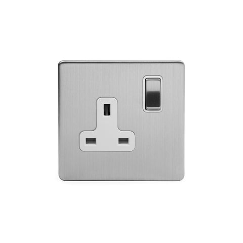 Screwless Brushed Chrome - White Trim - Slim Plate Screwless Brushed Chrome 13A 1 Gang Double Pole Plug Socket