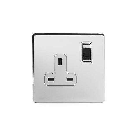 Screwless Polished Chrome - White Trim - Slim Plate Screwless Polished Chrome 13A 1 Gang Double Pole Plug Socket