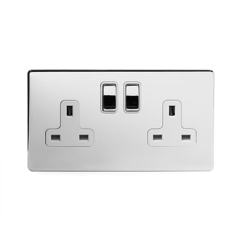 Screwless Polished Chrome - White Trim - Slim Plate Screwless Polished Chrome 13A 2 Gang Double Pole Plug Socket