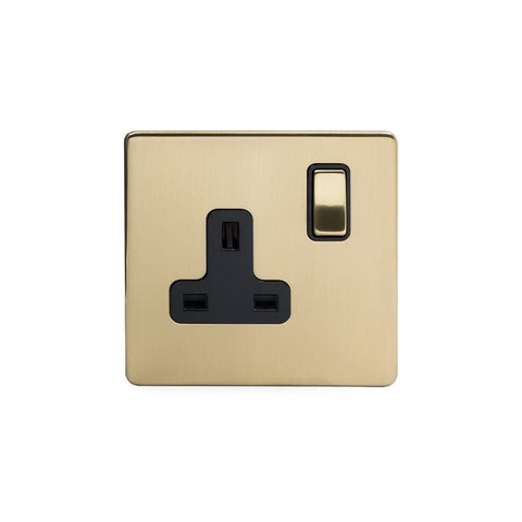 Screwless Brushed Brass - Black Trim - Slim Plate Screwless Brushed Brass 13A 1 Gang Double Pole Plug Socket