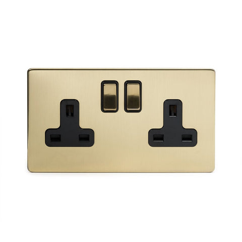 Screwless Brushed Brass - Black Trim - Slim Plate Screwless Brushed Brass 13A 2 Gang Double Pole Plug Socket