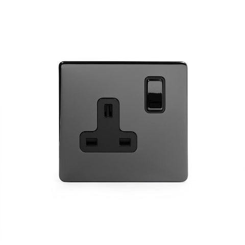 Screwless Black Nickel - Black Trim - Slim Plate Screwless Black Nickel 13A 1 Gang Double Pole Socket