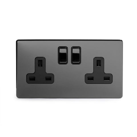 Screwless Black Nickel - Black Trim - Slim Plate Screwless Black Nickel 13A 2 Gang Double Pole Socket