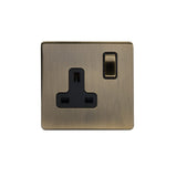 Screwless Antique Brass - Black Trim - Slim Plate Screwless Antique Brass 13A 1 Gang Double Pole Plug Socket