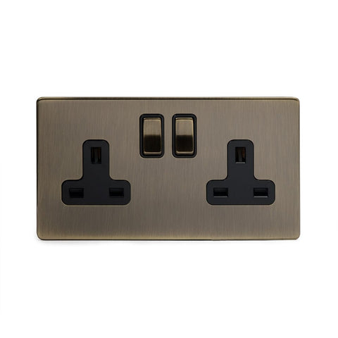 Screwless Antique Brass - Black Trim - Slim Plate Screwless Antique Brass 13A 2 Gang Double Pole Plug Socket