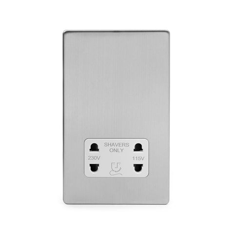 Screwless Brushed Chrome - White Trim - Slim Plate Screwless Brushed Chrome 1 Gang Shaver Socket