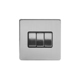 Screwless Brushed Chrome - Black Trim - Slim Plate Screwless Brushed Chrome 10A 3 Gang 2 Way Light Switch