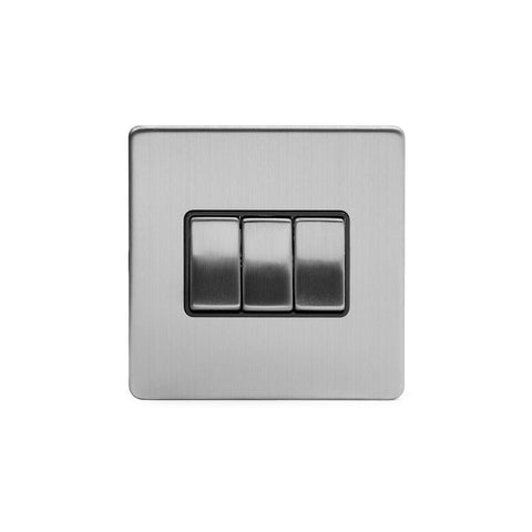 Screwless Brushed Chrome - Black Trim - Slim Plate Screwless Brushed Chrome 10A 3 Gang 2 Way Light Switch