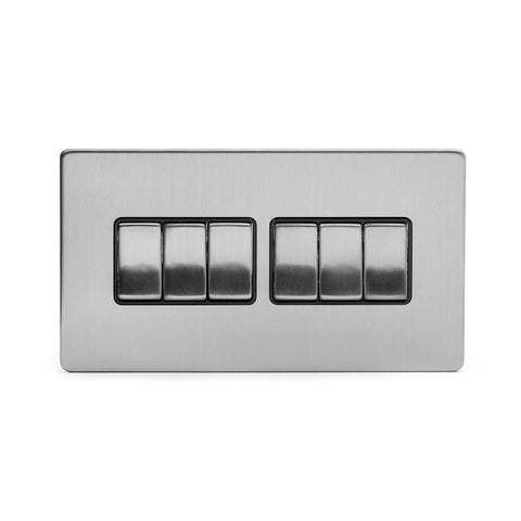 Screwless Brushed Chrome - Black Trim - Slim Plate Screwless Brushed Chrome 10A 6 Gang 2 Way Light Switch