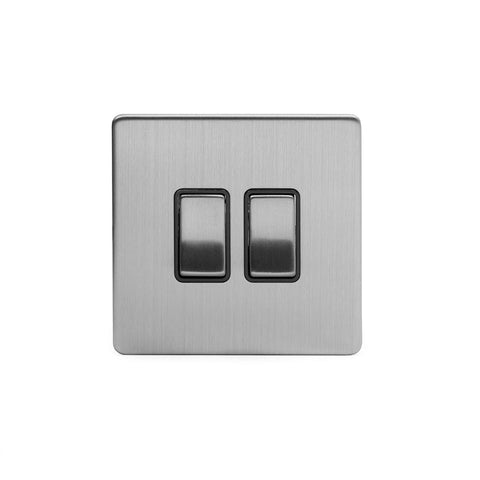 Screwless Brushed Chrome - Black Trim - Slim Plate Screwless Brushed Chrome 10A 2 Gang Intermediate Light Switch