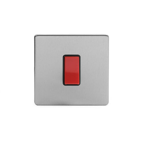 Screwless Brushed Chrome - Black Trim - Slim Plate Screwless Brushed Chrome 45A 1 Gang Double Pole Switch- Single Plate