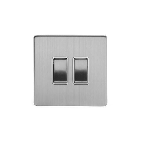 Screwless Brushed Chrome - White Trim - Slim Plate Screwless Brushed Chrome 10A 2 Gang 2 Way Light Switch