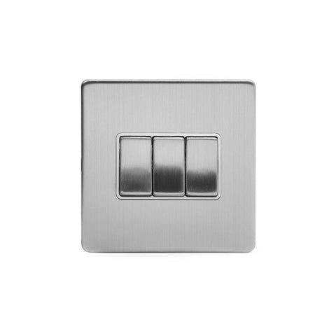 Screwless Brushed Chrome - White Trim - Slim Plate Screwless Brushed Chrome 10A 3 Gang 2 Way Light Switch