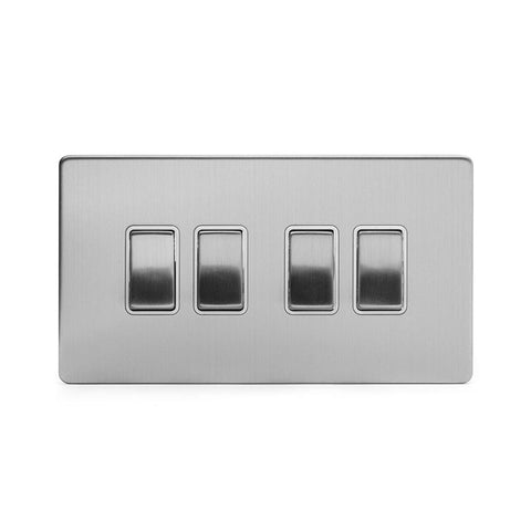 Screwless Brushed Chrome - White Trim - Slim Plate Screwless Brushed Chrome 10A 4 Gang 2 Way Light Switch