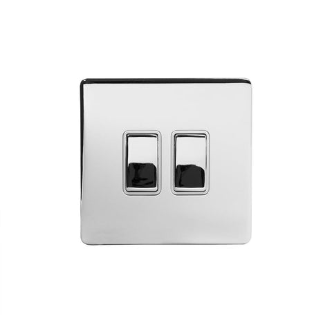 Screwless Polished Chrome - White Trim - Slim Plate Screwless Polished Chrome 10A 2 Gang 2 Way Light Switch