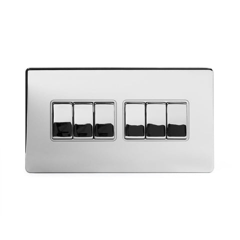 Screwless Polished Chrome - White Trim - Slim Plate Screwless Polished Chrome 10A 6 Gang 2 Way Light Switch