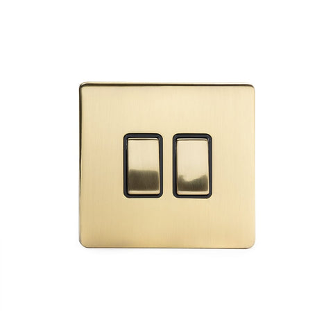 Screwless Brushed Brass - Black Trim - Slim Plate Screwless Brushed Brass 10A 2 Gang 2 Way Light Switch  - Black