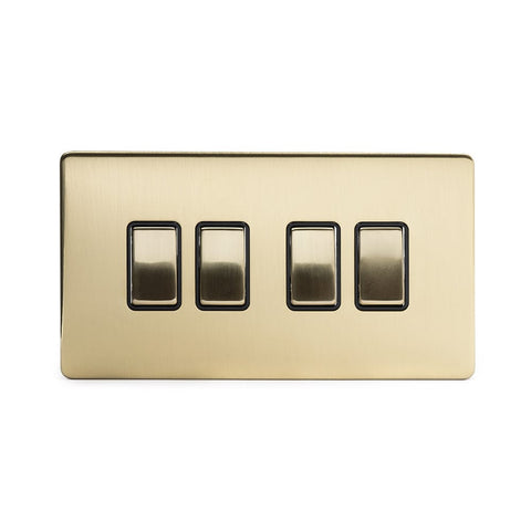 Screwless Brushed Brass - Black Trim - Slim Plate Screwless Brushed Brass 10A 4 Gang 2 Way Light Switch  - Black