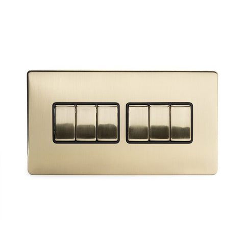 Screwless Brushed Brass - Black Trim - Slim Plate Screwless Brushed Brass 10A 6 Gang 2 Way Light Switch  - Black