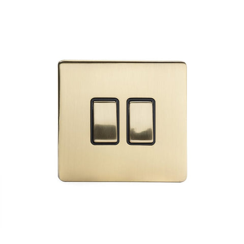 Screwless Brushed Brass - Black Trim - Slim Plate Screwless Brushed Brass 10A 2 Gang Intermediate Light Switch  - Black