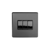 Screwless Black Nickel - Black Trim - Slim Plate Screwless Black Nickel 10A 3 Gang 2 Way Light Switch