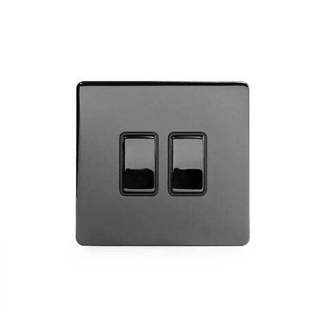 Screwless Black Nickel - Black Trim - Slim Plate Screwless Black Nickel 10A 2 Gang Intermediate Light Switch