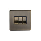 Screwless Antique Brass - Black Trim - Slim Plate Screwless Antique Brass 10A 3 Gang 2 Way Light Switch