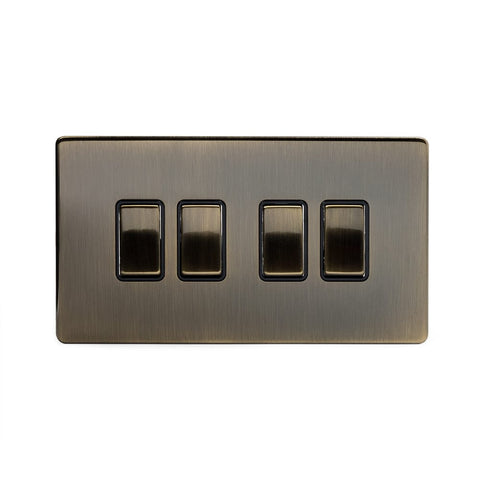 Screwless Antique Brass - Black Trim - Slim Plate Screwless Antique Brass 10A 4 Gang 2 Way Light Switch