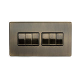 Screwless Antique Brass - Black Trim - Slim Plate Screwless Antique Brass 10A 6 Gang 2 Way Light Switch