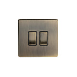 Screwless Antique Brass - Black Trim - Slim Plate Screwless Antique Brass 10A 2 Gang Intermediate Light Switch