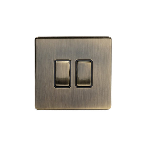 Screwless Antique Brass - Black Trim - Slim Plate Screwless Antique Brass 10A 2 Gang Intermediate Light Switch