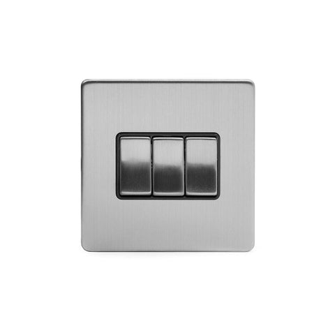 Screwless Brushed Chrome - Black Trim - Slim Plate Screwless Brushed Chrome 3 Gang Intermediate Light Switch