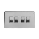 Screwless Brushed Chrome - White Trim - Slim Plate Screwless Brushed Chrome 4 Gang Intermediate Light Switch