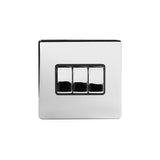 Screwless Polished Chrome - Black Trim - Slim Plate Screwless Polished Chrome 3 Gang Intermediate Light Switch