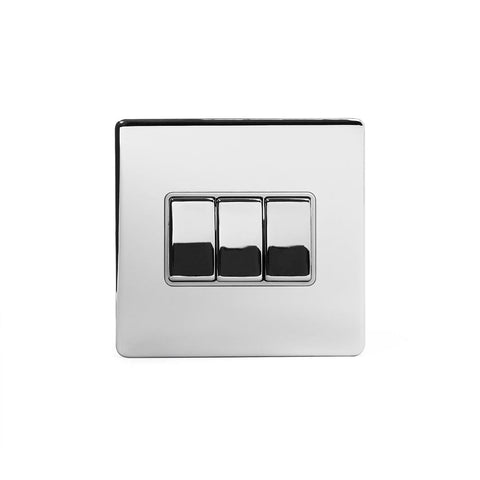 Screwless Polished Chrome - White Trim - Slim Plate Screwless Polished Chrome 3 Gang Intermediate Light Switch