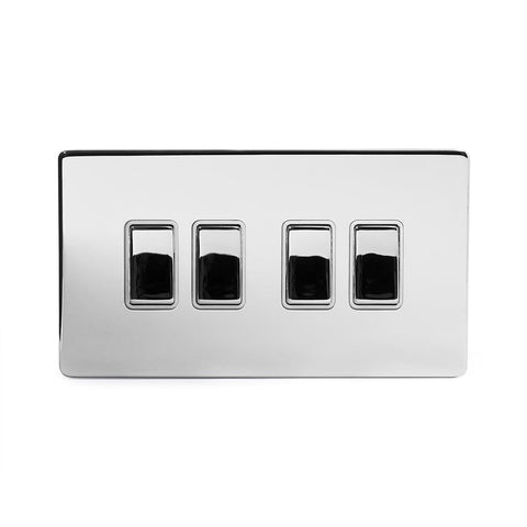 Screwless Polished Chrome - White Trim - Slim Plate Screwless Polished Chrome 4 Gang Intermediate Light Switch