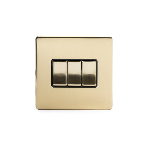 Screwless Brushed Brass - Black Trim - Slim Plate Screwless Brushed Brass 3 Gang Intermediate Light Switch