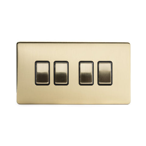 Screwless Brushed Brass - Black Trim - Slim Plate Screwless Brushed Brass 4 Gang Intermediate Light Switch - Black