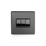 Screwless Black Nickel - Black Trim - Slim Plate Screwless Black Nickel 3 Gang Intermediate Light Switch