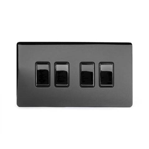 Screwless Black Nickel - Black Trim - Slim Plate Screwless Black Nickel 4 Gang Intermediate Light Switch