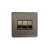 Screwless Antique Brass - Black Trim - Slim Plate Screwless Antique Brass 3 Gang Intermediate Light Switch